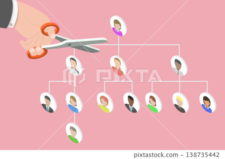 3D Isometric Flat Vector Illustration of Company Reduce, Cutting Non-Performing Jobs From Organizational Chart Divisions 3D Isometric Flat Vector Illustration of Company Reduce, Cutting Non-Performing Jobs From Organizational Chart Divisions 138735442