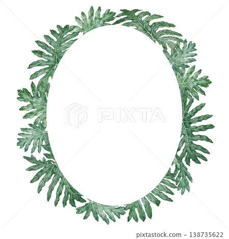 Watercolor tropical leaves oval wreath. Hand drawn green foliage ellipse with detailed texture and Monstera plant form. Floral design for garden card. Nature greenery template for botanical art. Watercolor tropical leaves oval wreath. Hand drawn green foliage ellipse with detailed texture and Monstera plant form. Floral design for garden card. Nature greenery template for botanical art. 138735622