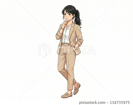 一位身穿米色西裝、表情沉思的女士（AI 生成的圖像）。 138735975