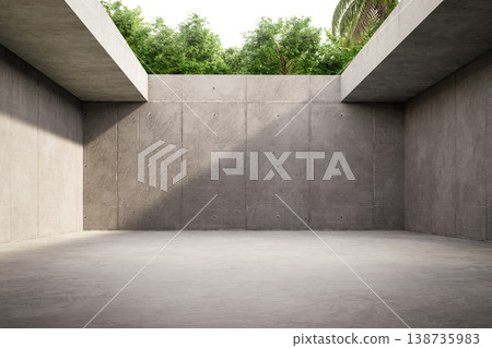 Modern minimalist empty concrete room with an open ceiling skylight showing lush green trees 3d render Modern minimalist empty concrete room with an open ceiling skylight showing lush green trees 3d render 138735983