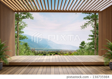 Modern wooden pavilion with vertical slats overlooking a mountain view 3d render. Modern wooden pavilion with vertical slats overlooking a mountain view 3d render. 138735984