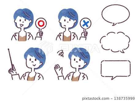 A set of line art illustrations of a woman in a white coat, featuring various facial expressions and speech bubbles. 138735999