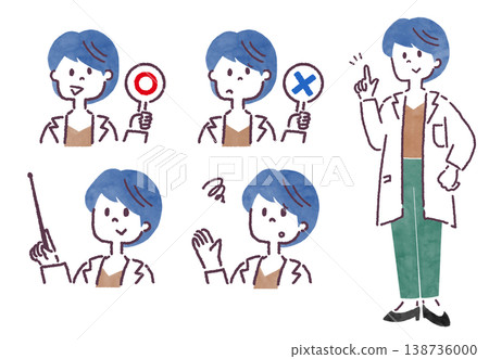 一組描繪女醫生的線條藝術插圖，展現了她的全身像和各種姿勢。 138736000