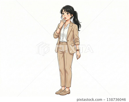 一位身穿米色西裝、表情驚訝的女士（AI 生成的圖像）。 138736046