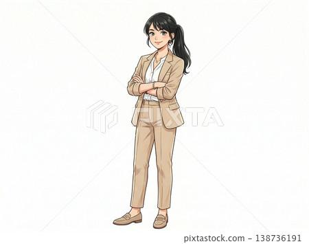一位身穿米色西裝的女子，雙手交叉抱在胸前。 （人工智慧生成圖像） 138736191