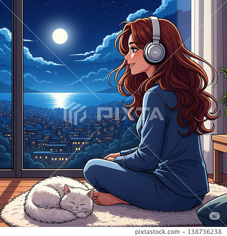 An anime girl with headphones gazing at a white cat and a night view [AI-generated illustration] 138736238