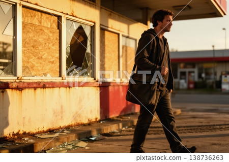 Man walking past abandoned gas station at golden hour carrying a messenger bag 138736263