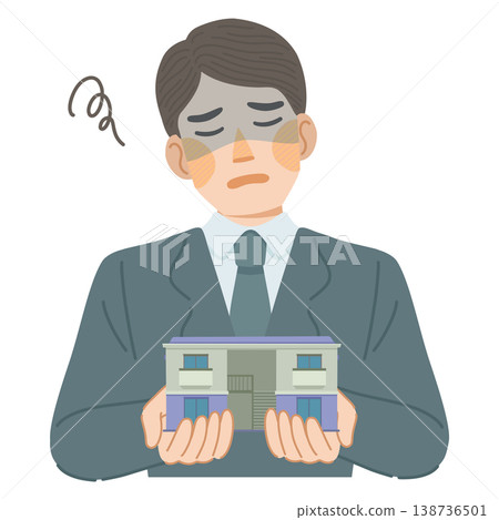 一幅插圖，描繪了一個穿著西裝的男人，他看起來很沮喪，似乎在抱怨住在公寓裡的種種弊端。 138736501