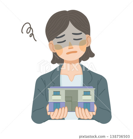 一幅插圖，描繪了一位身穿西裝的女士，她因住在公寓裡的種種弊端而顯得沮喪。 138736503