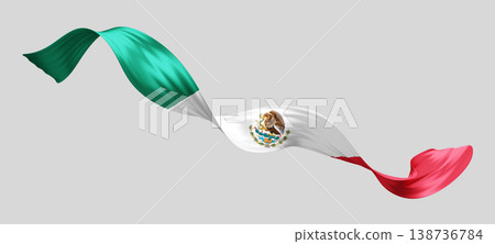 Mexican flag ribbon flowing isolated on grey background for independence day 3D render 138736784