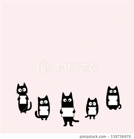 Illustration of five black cats holding cards, arranged in a circle, with copy space available. Illustration of five black cats holding cards, arranged in a circle, with copy space available. 138736978