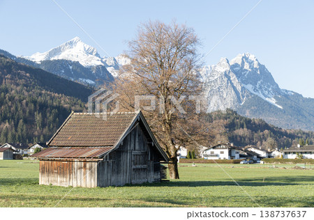 Traditional Wooden Barn and Bare Tree with Snowy Alpine Peaks in Bavaria 138737637