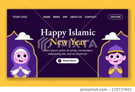 Social Media Landing Page Flat Cartoon Hand Drawn Template Islamic New Year 138737661