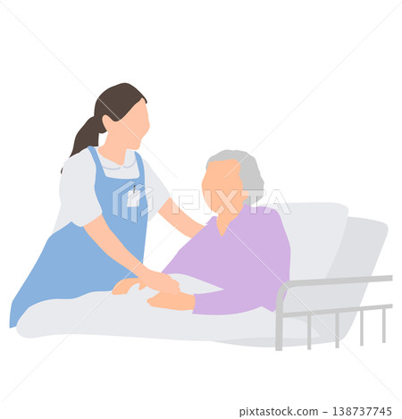 一位老婦人和一位護理人員正在幫助她起床。 一位老婦人和一位護理人員正在幫助她起床。 138737745
