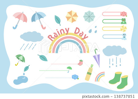 可愛的雨季插畫套裝 | 包含雨傘、雨、彩虹、雨靴、雲朵和水滴的簡約素材合集 138737851
