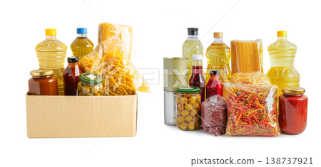 Foodstuffs in donation box isolated on white background for volunteer to help people. 138737921