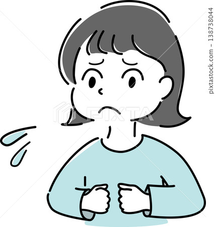 一幅簡單的插圖,描繪了一位表情憂慮、緊握雙拳的女性(代表焦慮、壓力、不滿、麻煩、擔憂和人物)。 一幅簡單的插圖,描繪了一位表情憂慮、緊握雙拳的女性(代表焦慮、壓力、不滿、麻煩、擔憂和人物)。 138738044