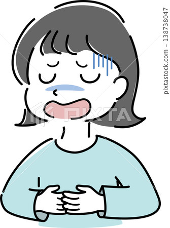一幅簡單的插圖,描繪了一位女性因疼痛而摀住腹部(壓力、焦慮、健康狀況不佳、解釋、人物) 一幅簡單的插圖,描繪了一位女性因疼痛而摀住腹部(壓力、焦慮、健康狀況不佳、解釋、人物) 138738047
