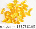 Fish oil or Cod liver oil gel in capsules with omega 3 vitamins, supplementary healthy food. 138738105