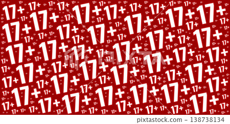 Red background with a diagonal pattern of white 17 plus age restriction symbols in various sizes. 138738134