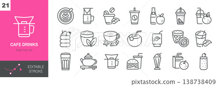 Cafe Drinks Vector Icons Set. Coffee, Tea, Smoothies and Beverages Menu, Barista and Restaurant Symbols. Isolated Editable Stroke Linear Collection. Cafe Drinks Vector Icons Set. Coffee, Tea, Smoothies and Beverages Menu, Barista and Restaurant Symbols. Isolated Editable Stroke Linear Collection. 138738409
