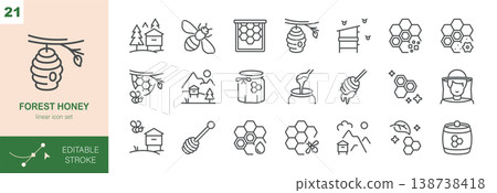 Forest Honey Vector Icons Set. Wild Beekeeping, Natural Hive and Honeycomb, Organic Forest Nectar Symbols. Isolated Editable Stroke Linear Collection. 138738418