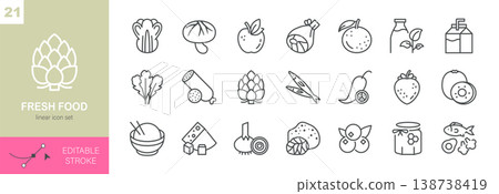 Fresh Food Vector Icons Set. Organic Fruits, Vegetables, Dairy and Healthy Nutrition Symbols. Isolated Editable Stroke Linear Collection. Fresh Food Vector Icons Set. Organic Fruits, Vegetables, Dairy and Healthy Nutrition Symbols. Isolated Editable Stroke Linear Collection. 138738419