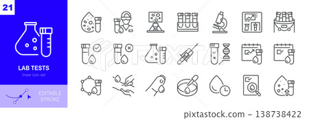 Lab Tests Vector Icons Set. Medical Laboratory Research, Blood Analysis, Scientific Equipment and Diagnostics Symbols. Isolated Editable Stroke Linear Collection. Lab Tests Vector Icons Set. Medical Laboratory Research, Blood Analysis, Scientific Equipment and Diagnostics Symbols. Isolated Editable Stroke Linear Collection. 138738422