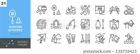 Outdoor Activities Vector Icons Set. Sports, Recreation, Fishing, Cycling and Adventure Symbols for Active Lifestyle. Isolated Editable Stroke Linear Collection. Outdoor Activities Vector Icons Set. Sports, Recreation, Fishing, Cycling and Adventure Symbols for Active Lifestyle. Isolated Editable Stroke Linear Collection. 138738423