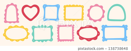 Frame border hand drawn cute set. Cute doodle frame border square, rectangle line photo picture shapes. Cartoon children kids bow scallop lace stamp retro vintage card. Vector 138738648