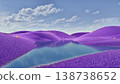 Surreal 3d illustration of rolling violet meadows, peaceful water stream with small golden bushes. 138738652