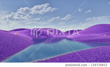 Surreal 3d illustration of rolling violet meadows, peaceful water stream with small golden bushes. Surreal 3d illustration of rolling violet meadows, peaceful water stream with small golden bushes. 138738652