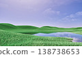 Peaceful 3d render of lush green grass hills surrounding calm blue lake. 138738653