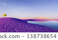 Surreal fantasy landscape featuring vibrant purple grass hills and calm blue lake. 138738654