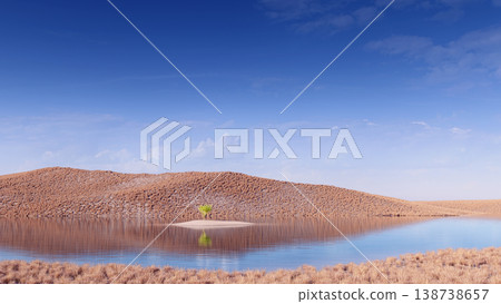 Lonely green tree grows on a small circular island in the middle of a calm water body. 138738657