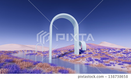 Futuristic 3d illustration featuring geometric arch structures in an alien environment 138738658