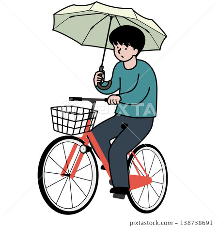 向量圖,描繪一個人騎著腳踏車,手裡拿著一把傘。 向量圖,描繪一個人騎著腳踏車,手裡拿著一把傘。 138738691