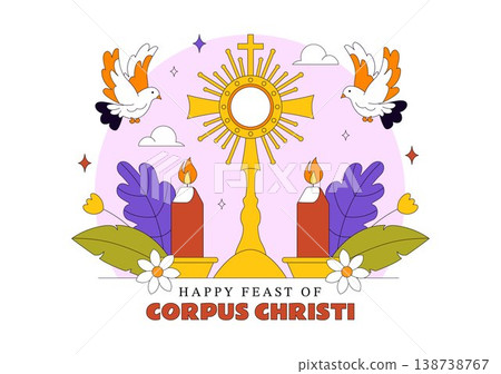 Corpus Christi Vector Illustration Featuring Holy Eucharist Chalice, Bread, Grapes, Cross, And Catholic Religious Feast Celebration Design 138738767