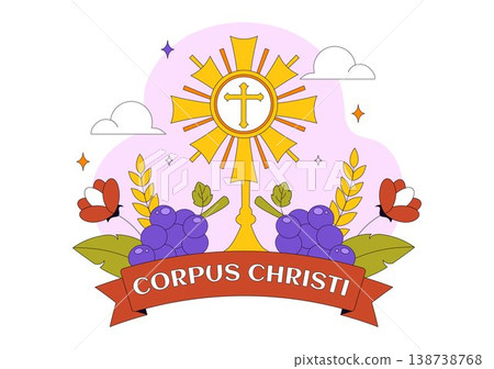 Corpus Christi Vector Illustration Featuring Holy Eucharist Chalice, Bread, Grapes, Cross, And Catholic Religious Feast Celebration Design 138738768
