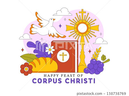 Corpus Christi Vector Illustration Featuring Holy Eucharist Chalice, Bread, Grapes, Cross, And Catholic Religious Feast Celebration Design 138738769