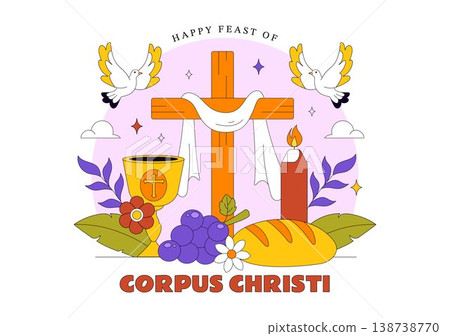 Corpus Christi Vector Illustration Featuring Holy Eucharist Chalice, Bread, Grapes, Cross, And Catholic Religious Feast Celebration Design Corpus Christi Vector Illustration Featuring Holy Eucharist Chalice, Bread, Grapes, Cross, And Catholic Religious Feast Celebration Design 138738770