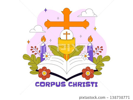 Corpus Christi Vector Illustration Featuring Holy Eucharist Chalice, Bread, Grapes, Cross, And Catholic Religious Feast Celebration Design 138738771