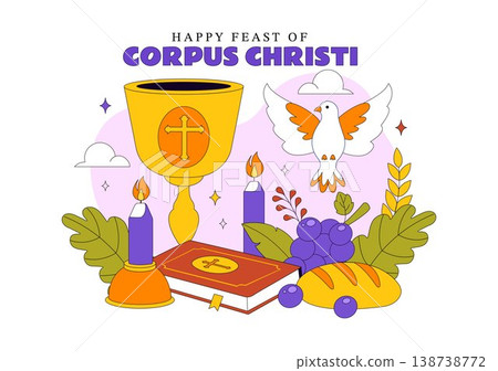 Corpus Christi Vector Illustration Featuring Holy Eucharist Chalice, Bread, Grapes, Cross, And Catholic Religious Feast Celebration Design 138738772