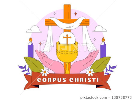 Corpus Christi Vector Illustration Featuring Holy Eucharist Chalice, Bread, Grapes, Cross, And Catholic Religious Feast Celebration Design 138738773