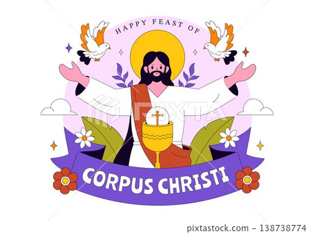Corpus Christi Vector Illustration Featuring Holy Eucharist Chalice, Bread, Grapes, Cross, And Catholic Religious Feast Celebration Design 138738774