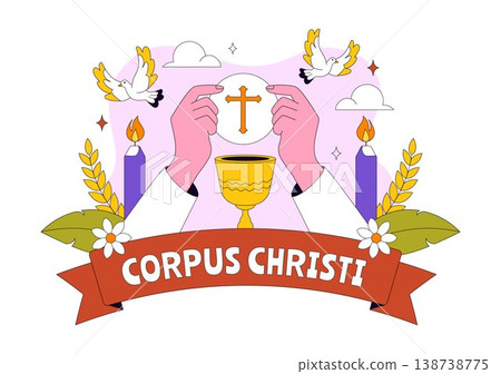 Corpus Christi Vector Illustration Featuring Holy Eucharist Chalice, Bread, Grapes, Cross, And Catholic Religious Feast Celebration Design 138738775