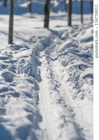 Meandering winter ski route inviting gentle exploration and microadventures. Sinuous snow covered path with rounded edges encouraging calm exploration and outdoor discovery Meandering winter ski route inviting gentle exploration and microadventures. Sinuous snow covered path with rounded edges encouraging calm exploration and outdoor discovery 138739011
