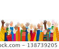 Flat illustration of people raising their hands in the 17 colors of the SDGs. 138739205