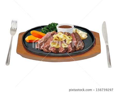 鐵板牛排（撒上蒜片），附餐具。 138739297