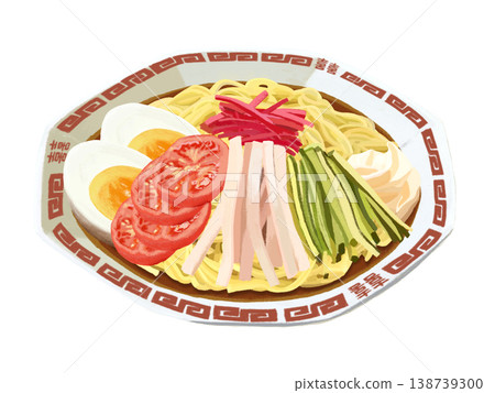 冷拉麵(醬油拌麵),盛於紅色雷電圖案的盤子上。 冷拉麵(醬油拌麵),盛於紅色雷電圖案的盤子上。 138739300